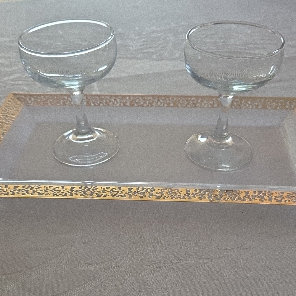Glass Coupe Set with Gold-Trim Serving Tray - Clear